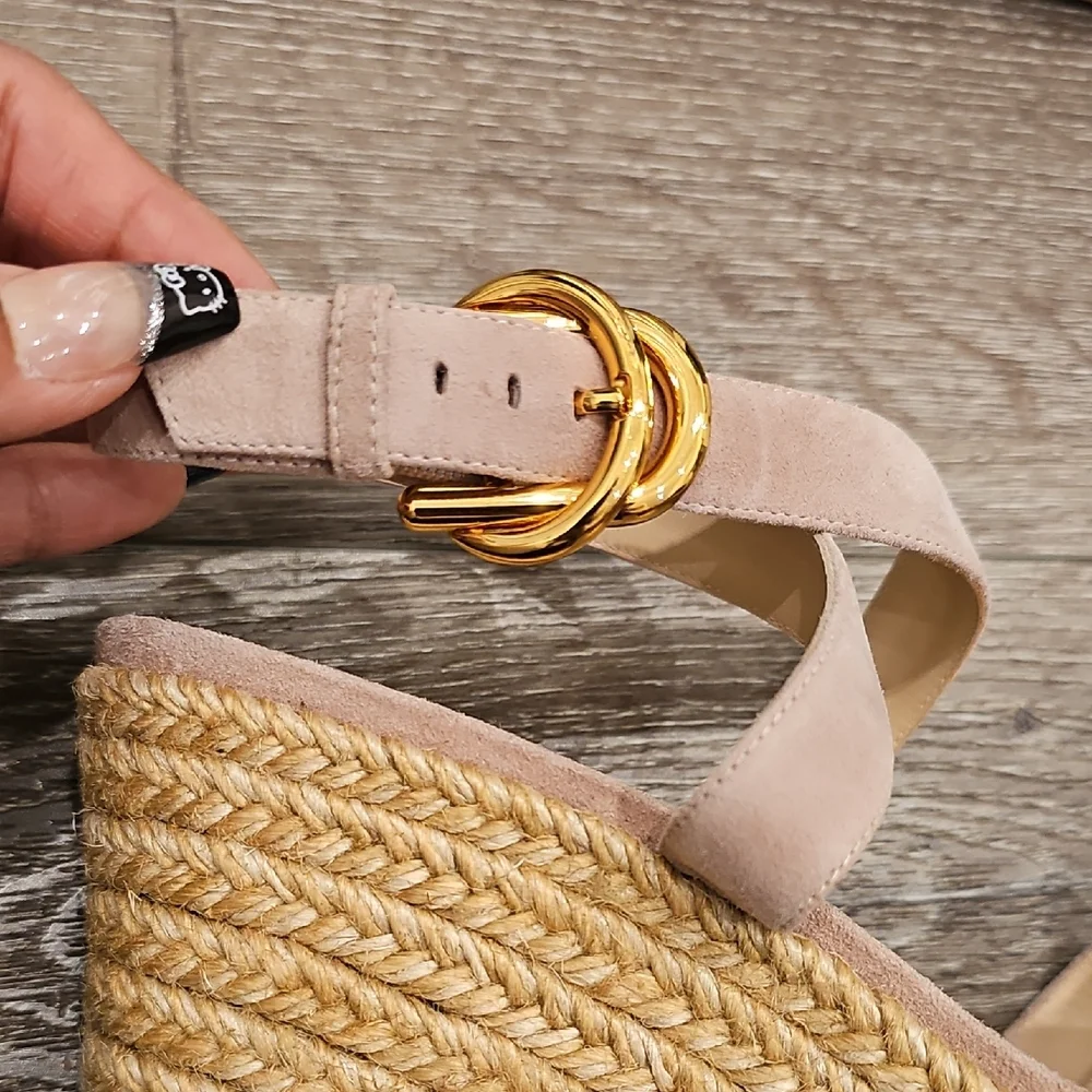 [NEW] Stuart Weitzman Beige Pink Espadrille Wedge Heeled Sandals Zuzu Buckle - Picture 4 of 10
